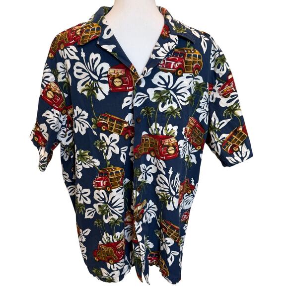 Vintage RJC Hawaiian Shirt Men's XL Navy Multi Floral Bus Vehicles Made in USA - Picture 1 of 10